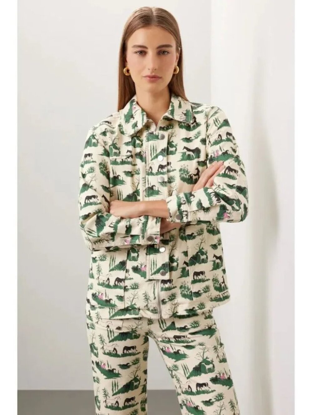 Rachel Antonoff Lizzie denim barn jean jacket in horse girl print cream green S - Picture 4 of 14